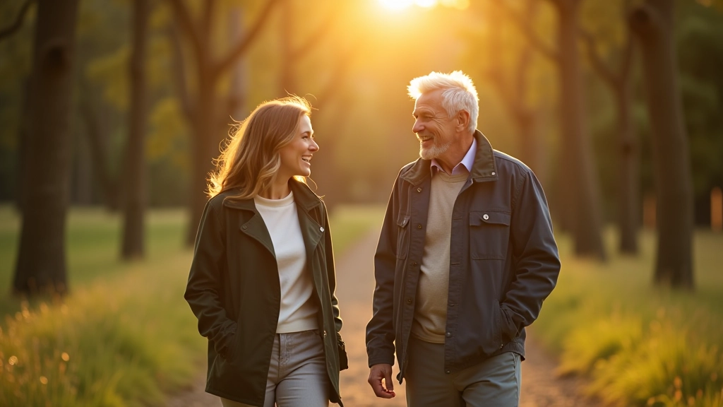 Casal de meia-idade caminhando na natureza, conversando com ambiente tranquilo ao fundo