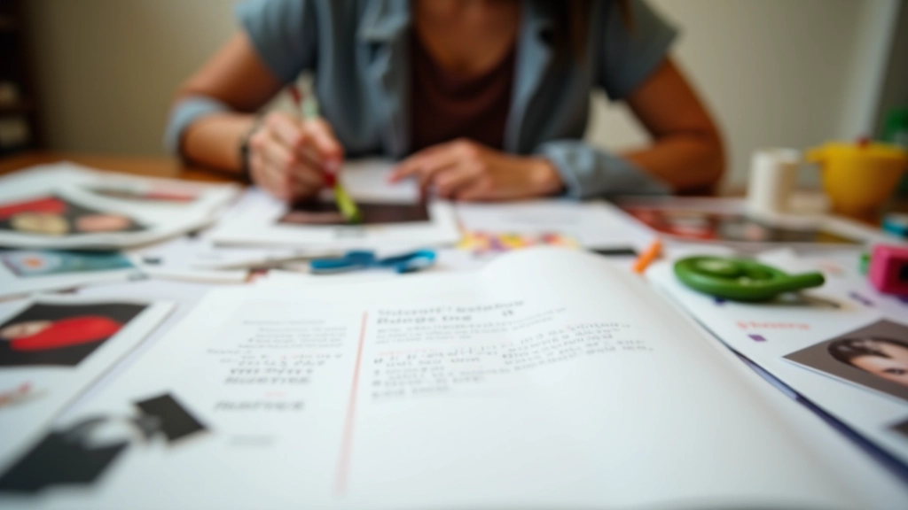 Close-up de uma mesa de trabalho com revistas abertas, tesoura, cola e diversos recortes coloridos organizados