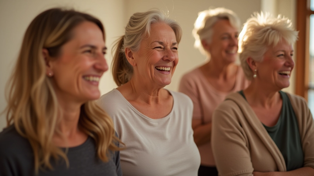 Grupo de pessoas de meia-idade rindo juntas durante aula de dança ou atividade criativa