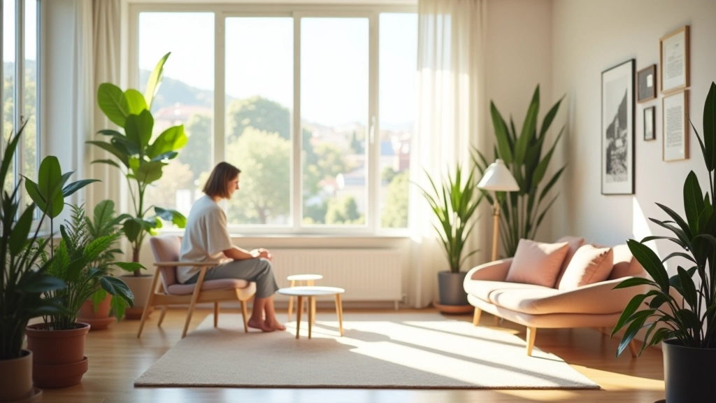 Espaço de coaching acolhedor e moderno, com assentos confortáveis, luz natural, e ambiente tranquilo