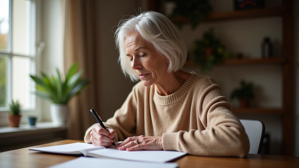 Pessoa de meia-idade escrevendo em journal em ambiente tranquilo, reflexão pessoal, iluminação suave