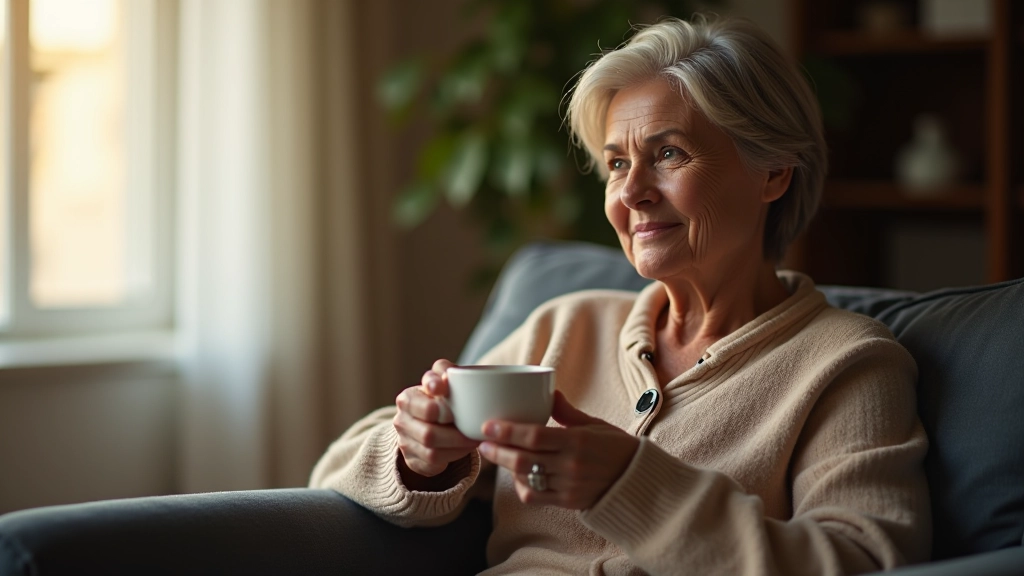 Mulher de meia-idade, totalmente vestida em roupa casual confortável, sentada num sofá aconchego com xícara de chá, luz natural suave, sorriso pensativo e tranquilo