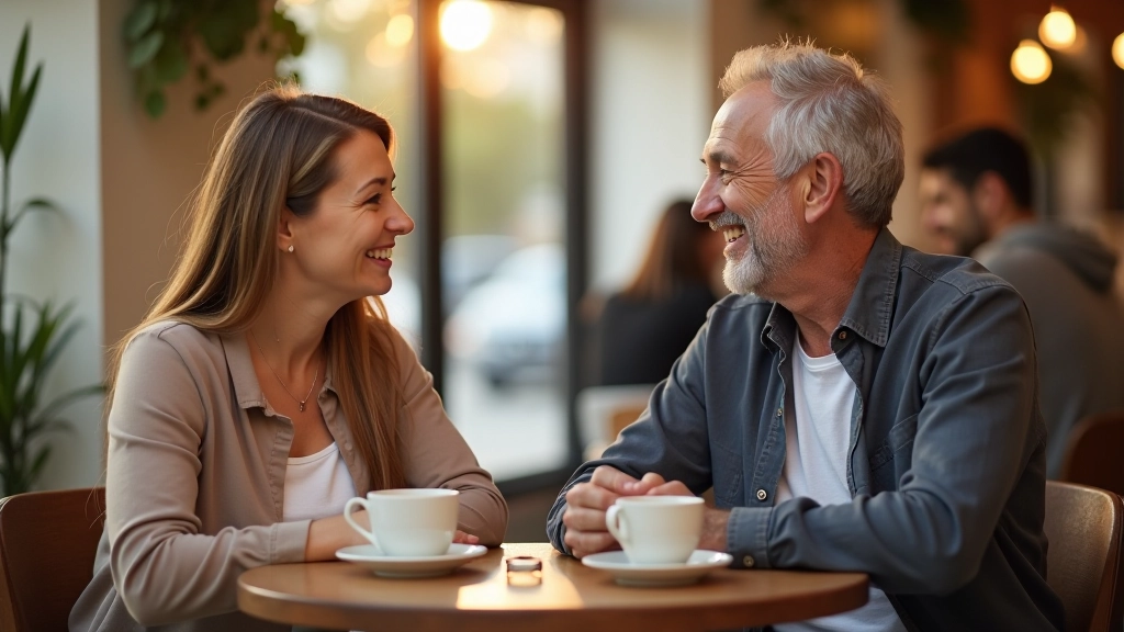 Dois amigos de meia-idade conversando numa cafetaria, ambiente descontraído com luz natural