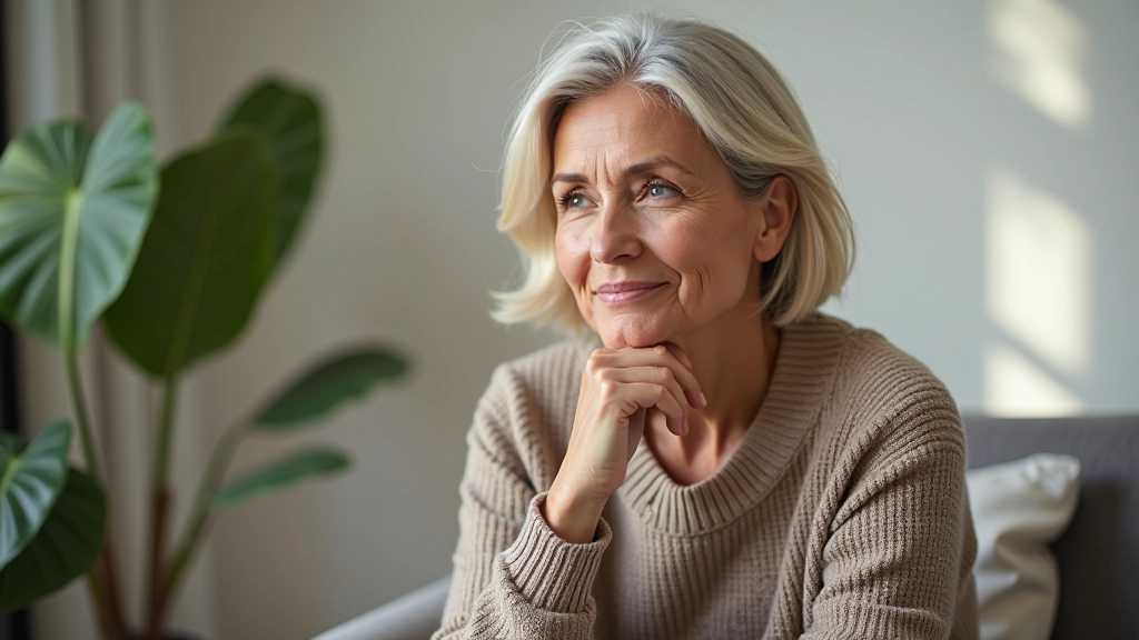 Mulher de meia-idade em ambiente de meditação, refletindo, iluminação natural, retrato do peito para cima