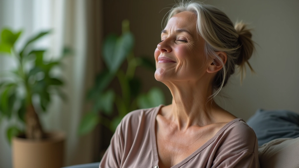 Mulher de meia-idade meditando num espaço sereno, mostrando calma e aceitação, luz suave