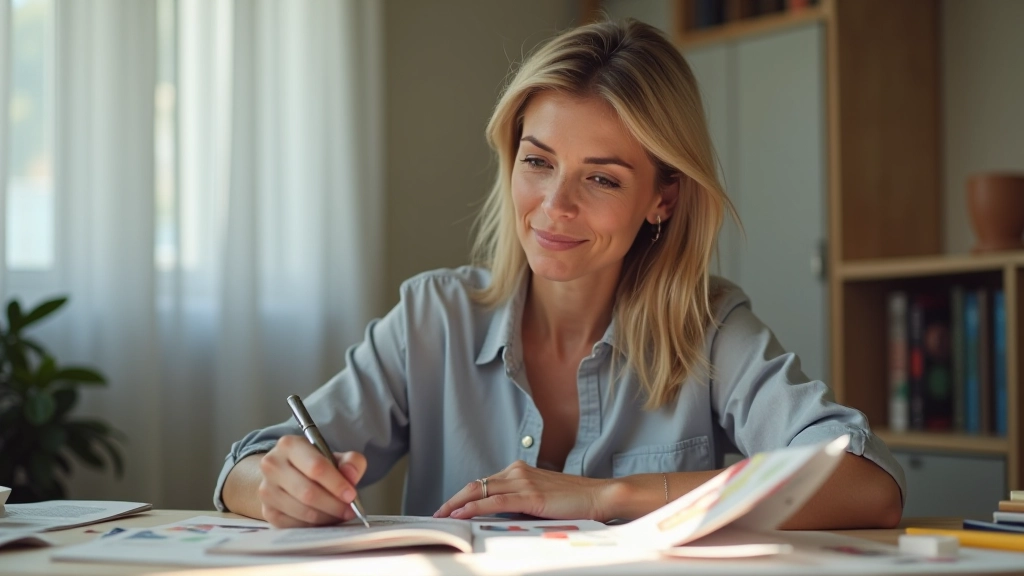 Mulher de meia-idade em momento reflexivo com notebook, planejamento futuro, criatividade