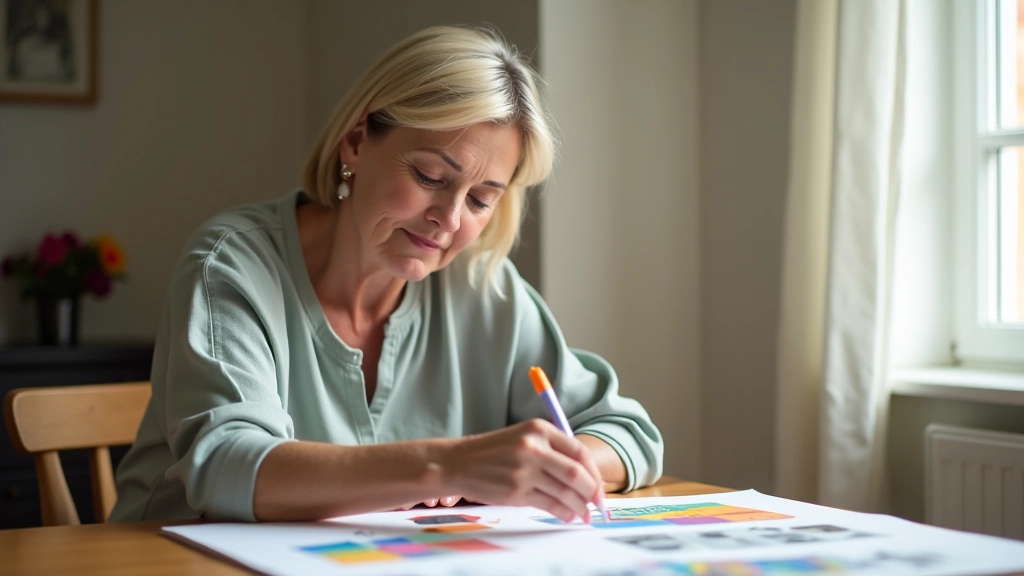 Mulher de meia-idade criando um quadro de visão com imagens e inspirações, mostrando criatividade e planejamento
