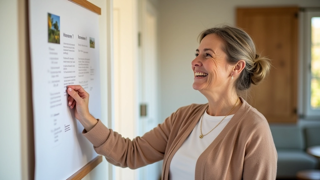 Mulher madura examinando seu painel de visão completo, sorrindo com satisfação e esperança