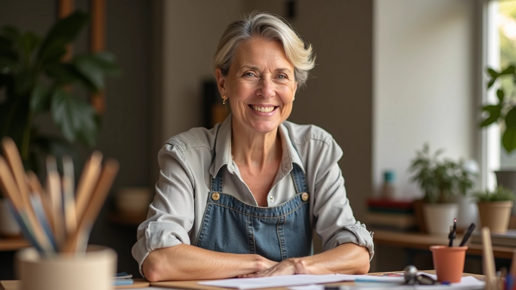 Mulher de meia-idade em estúdio criativo, explorando novas atividades com entusiasmo, luz natural suave