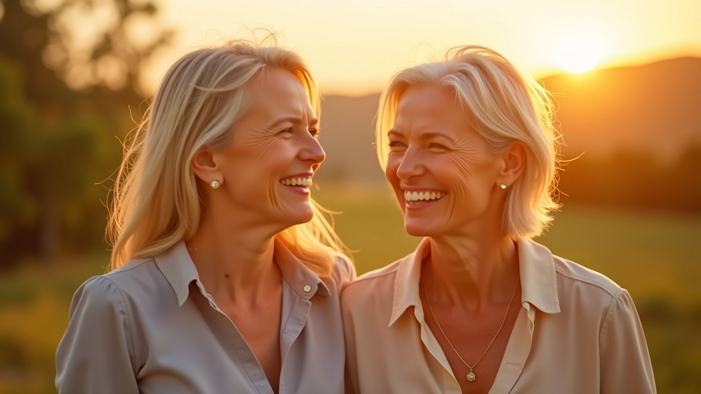 Três mulheres de meia-idade rindo genuinamente juntas, em ambiente externo com luz dourada do fim de tarde, braços relaxados, linguagem corporal aberta e acolhedora